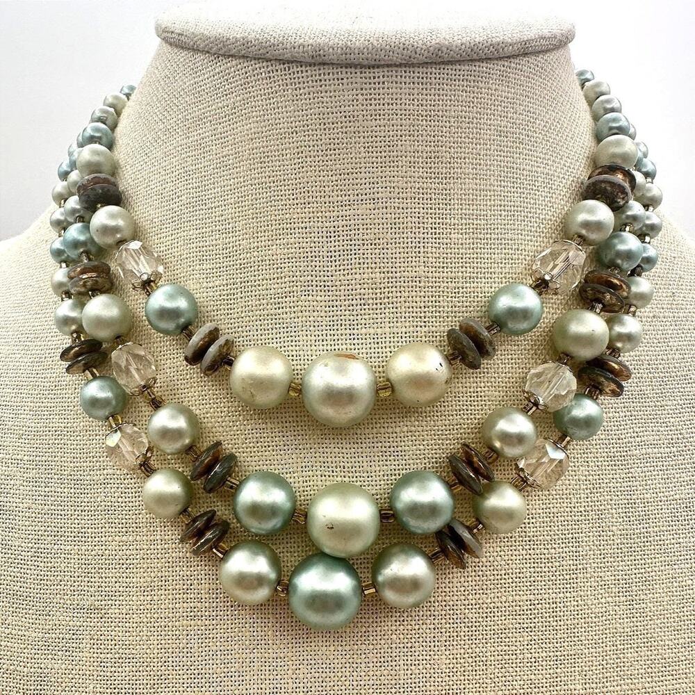 Vintage Y2K Multi Strand Faux Pearl Beaded Gold Tone Necklace Statement Jewelry